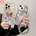 Fashion Art Romantic Pink Butterfly Creative Bracelet Casing Compatible for IPhone 7Plus 11 15 12 13 14 Pro Max XR 15 7 8 Plus X XS Max Luxury Make Up Mirror Soft Phone Case. 