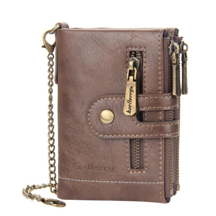 Retro Men Double Zipper Short Wallet Portable Multi-slot Mini Purse Card Holder with Chain Fashion Solid Color PU Leather Burse