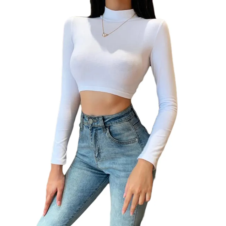 Women%20Sexy%20Backless%20Crop%20Tops,%20High%20Neck%20Long%20Sleeve%20Solid%20Color%20Tie%20Up%20Back%20Slim%20Shirts%20-%20Image%204