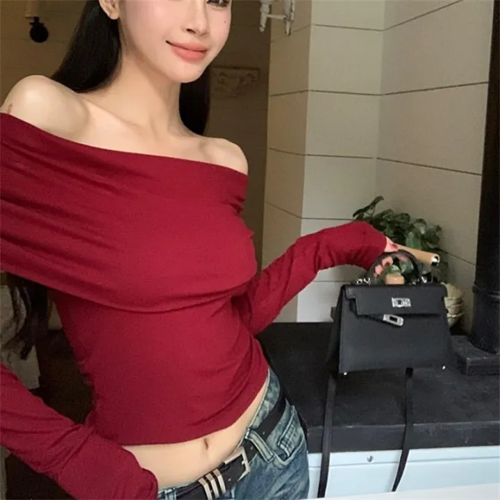 Tops%20Off%20Shoulder%20Long%20Sleeve%20Crop%20Top%20Women's%20Autumn/Winter%202023%20New%20Spicy%20Girl%20Slim%20Fit%20Short%20Red%20T-shirt%20-%20Image%205