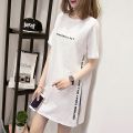 2023 Mid-Length T T-shirt Women's Short Sleeve Loose Summer Letters Slit Overknee round Neck T Women's T-shirt.
