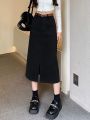 Hong Kong Style Retro Workwear Skirt Women's Fall Mid-Length Straight Split One-Step Skirt Khaki High Waist Denim Skirt. 