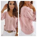 New Women's Polish Style Solid Mocha Hollow V-neck Knitted Sweater.