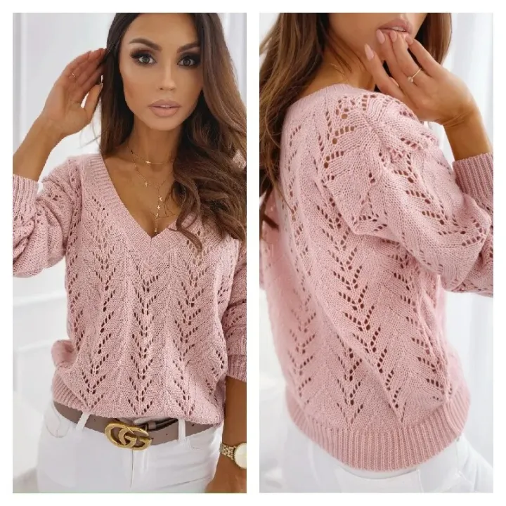 New%20Women's%20Polish%20Style%20Solid%20Mocha%20Hollow%20V-neck%20Knitted%20Sweater%20-%20Image%205