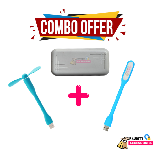 3-in-1 Gadget Combo Pack Mini Ultra-Fast Charging Power Bank + USB Fan + USB LED Light Portable & Compact Travel Essentials