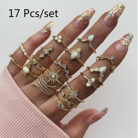Finger Ring Set Gold Crystal Joint Rings Ring for Women and Girls (Pack of 17)