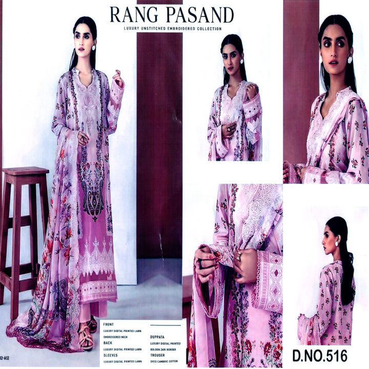 Rang Pasand Embroidered Lawn Suits Luxury Digital Printed Unstitched 3 Piece dress