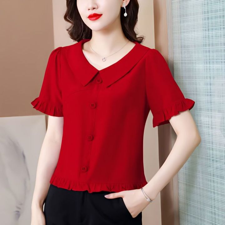 Summer New Peter Pan Collar Fashion Trendy Small Shirt Shirt Temperament Waist-Controlled Short-Sleeved Shirt Women's Chiffon Shirt Fashion