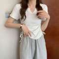 plus Size Women's Clothing 2024 Summer New v Collar Short Sleeve Shoulder T Women's Fat T-shirt mm Design Drawstring Slimming Hot Girl Top.
