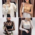 Women T Shirt See Through Transparent Mesh Tops Long Sleeve Sheer Slim Ladies Turtleneck Bright Silk T-Shirt Lace Crop Top.