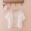 Women Summer Short Sleeve Crochet Shrugs Hollow Out Flower Lace Open Front Cropped Cardigan Sunscreen Scalloped Trim Bolero Jack.