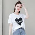 Hong Kong Style Retro Crew Neck Back Slit Love Short Sleeve T Women's Summer T-shirt chic Figure Flattering Back Split Top Fashion. 