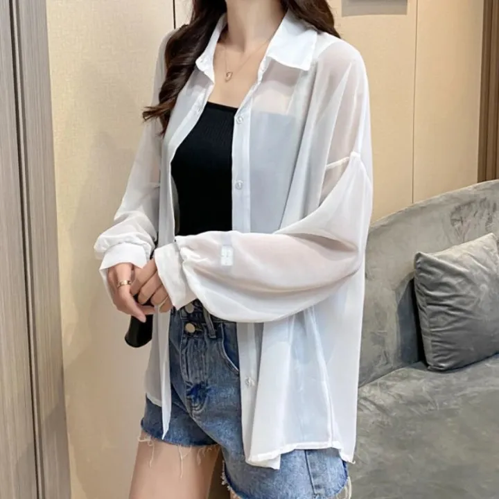 Women%20Shirts%20Sheer%20Sun-proof%20Fashion%20Summer%20Elegant%20Outerwear%20Simple%20Solid%20All-match%20Feminine%20Long%20Sleeve%20Turn-down%20Collar%20Cozy%20-%20Image%204
