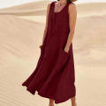 Women Sleeveless Sundress Elegant Round Neck Solid Long Tank Dress Vintage Pockets Beach vestidos.