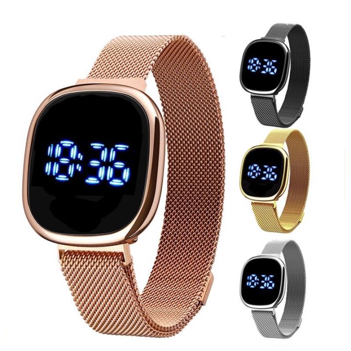 LED Touch Screen Magnetic Buckle Watch Fashion Stainless Wristwatch For Women Men