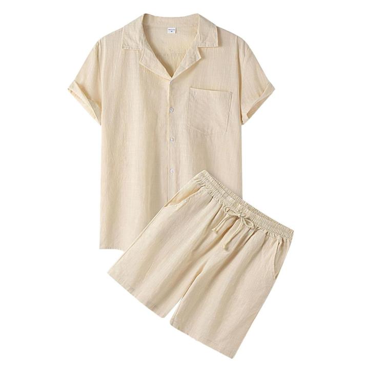 Men Casual Shorts Sets Linen Shirt Shorts Solid Set Men's Brand Clothing 2 Pieces Sets -Katua