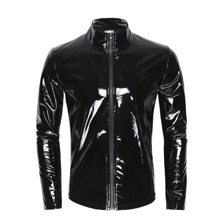 Mens Shiny Wetlook Leather Shirt Shaping Sheath Latex Cacomfortable sual Coat Male Glossy Metallic PVC Leather Jacket Tops i