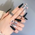 24pcs Press on Nails Punk Black White Patchwork Fire Pattern Long Coffin False Nails Ballerina Nail Art Manicure Full Tips.