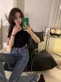 Loose Slim-Fit Short Sleeve T Women's Summer T-shirt 2024 New Korean Style Sense of Design Niche Drawstring Slim Top ins Tide.