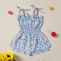 Children Girl Playsuit, Sleeveless Tie Up Sling Straps Floral Printed Elastic Waist One Piece Jumpsuit. 