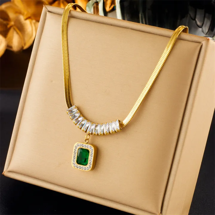 316L%20Stainless%20Steel%20Luxury%20Non-fading%20Square%20Green%20Crystal%20Zircon%20Pendant%20Necklace%20Earrings%20Jewelry%20Set%20For%20Women%20Gifts%20-%20Image%203