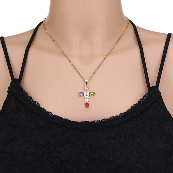 European%20and%20American%20Fashion%20Cross%20Pendant%20Necklace%20Women's%20All-Match%20Copper%20Plated%20Real%20Gold%20Inlaid%20Zircon%20Couple%20Sweater%20Chain%20Accessories%20-%20Image%202