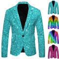 Shiny Sequin Suit Jacket Men'S Stage Performance Coat Blue Red Purple Blazers V-Neck Nightclub Tuxedo Wearhouse.