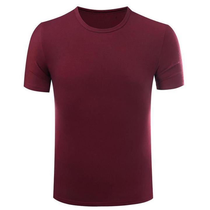 Mens Summer Casual T-shirt Solid color Crew Neck Short Sleeve Slim Fit  Basic Top Tees maroon