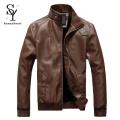 Men Motorcycle Jacket Stand Collar Pure Color Pockets Coat. 