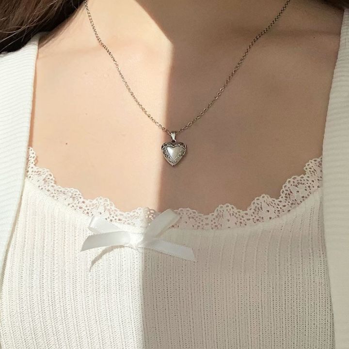 1pc Tiny Engraved Heart Photo Frame Pendant Necklace Love