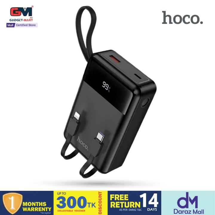 Hoco MMJ-17 Fully Compatible 22.5W Fast Charging 20000mAh Powerbank with Digital Display & 2 Built in Cable (Type-C & lightning) - Black