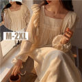 2024 New Korean Ruffles Night Dress for Women Lace Sleepwear Womens One Piece Pajamas Autumn Long Sleeve Square Collar Wear Home. 