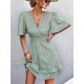 V Neck Mini Dress For Women Fashion Floral Slim Short Dresses Female Lotus Leaf Sleeve Elegant Dress Summer Vestido Mujer. 