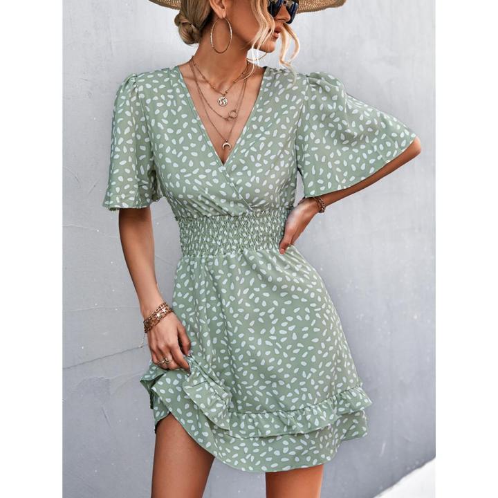 V Neck Mini Dress For Women Fashion Floral Slim Short Dresses Female Lotus Leaf Sleeve Elegant Dress Summer Vestido Mujer