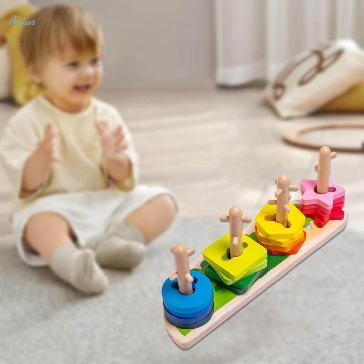 Wooden Sleeve Column Toys Sorter Toys Geometric Shapes Boys Girls Gifts Green