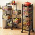 Stainless Steel 5 Layers Kitchen Rotating Shelf 360 Degree Baskets Fruit Vegetable Storage Rack Floor Round Shelf with Wheels.