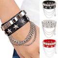 Cool Hiphop Skull Star Y2k Rock Bracelet Black Pu Skeleton Hand Goth Bangle Wide Cuff Bracelet With Chain For Men.