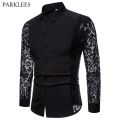 Mens Flower Patchwork Embroidery Lace Shirt 2019 Fashion Transparent Dress Shirts Mens See Trough Club Party Event Chemise.