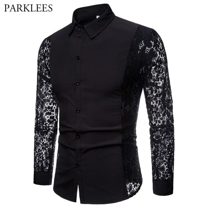 Mens Flower Patchwork Embroidery Lace Shirt 2019 Fashion Transparent Dress Shirts Mens See Trough Club Party Event Chemise