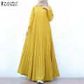 ZANZEA Muslimah Womens Muslim Pleated Baggy Long Sleeve A Line Elegant Maxi Dress.