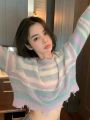 KOSAHIKI 2023 Korean Fashion Loose Thin Knitted Pullover Women Rainbow Striped Cropped Sweater Ripped Y2k Harajuku Streetwear.