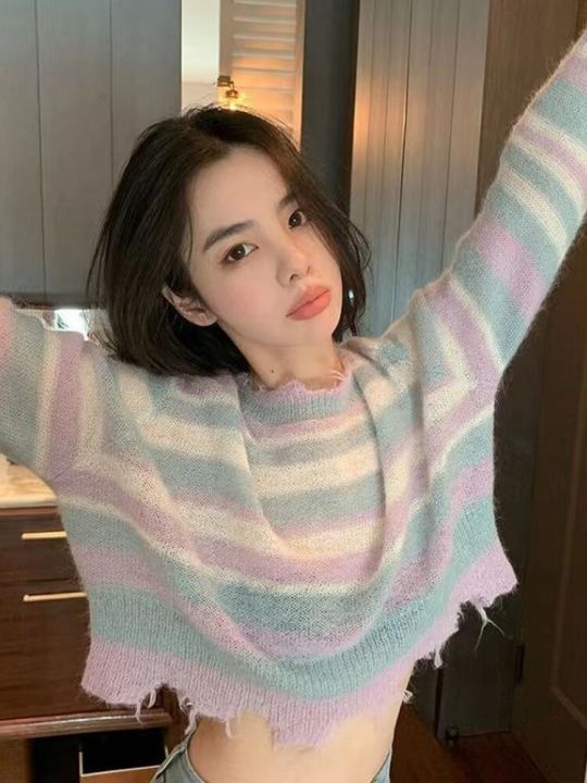 KOSAHIKI%202023%20Korean%20Fashion%20Loose%20Thin%20Knitted%20Pullover%20Women%20Rainbow%20Striped%20Cropped%20Sweater%20Ripped%20Y2k%20Harajuku%20Streetwear%20-%20Image%205