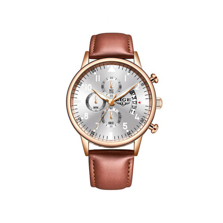 LIGE 10017 Mens Watches Top Brand Luxury Men Military Sport Wristwatch- Brown