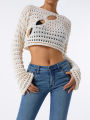 Jumperjuser-Women's Hollow Out Crop Tops, Long Sleeve Round Neck Solid Color Loose Knitted T-Shirts. 