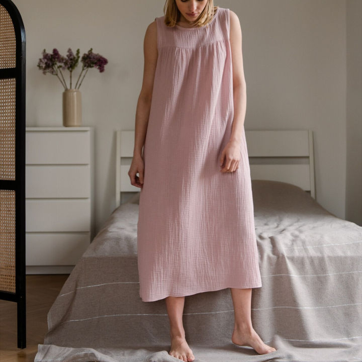 Women's%20Fashaionable%20Organic%20Cotton%20Dress%20Crepe%20Pink%20Sleeveless%20Extra%20Long%20Dress%20-%20Image%202