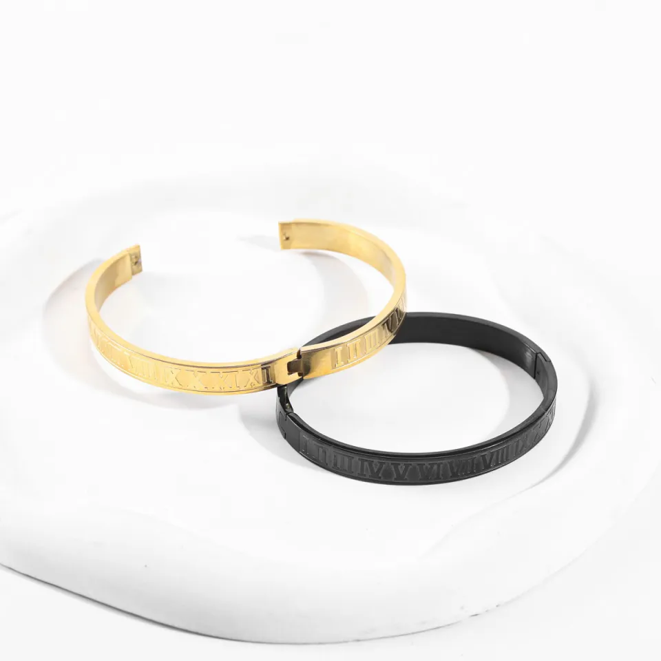 Classics Style Stainless Steel 18K Gold Plated Roman Number Bangle