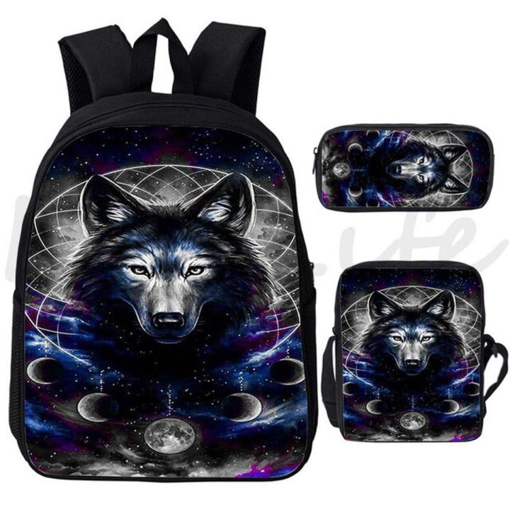 Cool Wolf Print Backpack School Bags Fashion Bookbag For Teenage Boys Girl 3Pcs School Backpacks Shoulder Bag Pencil Bag Mochila