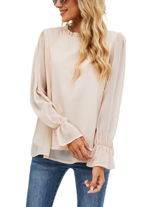 Eligible%20Women%20Spring%20Blouse,%20Long%20Puff%20Sleeve%20Plain%20Ruffle%20Crew%20Neck%20Shirt,%20Ladies%20Loose%20Fall%20Pullover%20Style%20Tops%20-%20Image%206