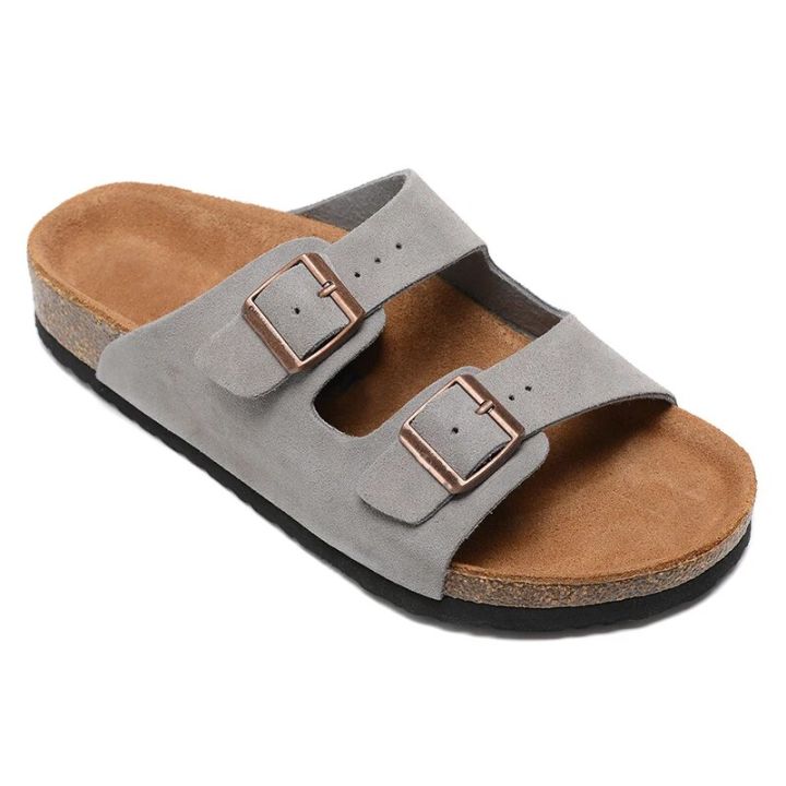 Men%20Arizona%20Style%20Sandals%20Women%20Casual%20Shoes%20Ladies%20Two%20Buckles%20Summer%20Beach%20Leather%20Flip%20Flops%20Wood%20Sole%20Slides%20With%20Shoes%20Box%20-%20Image%202