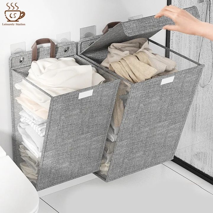Large Capacity Foldable Hanging Laundry Basket Linen Wall-mounted Dirty Clothes Basket Space-saving Waterproof Bathroom Storage Basket